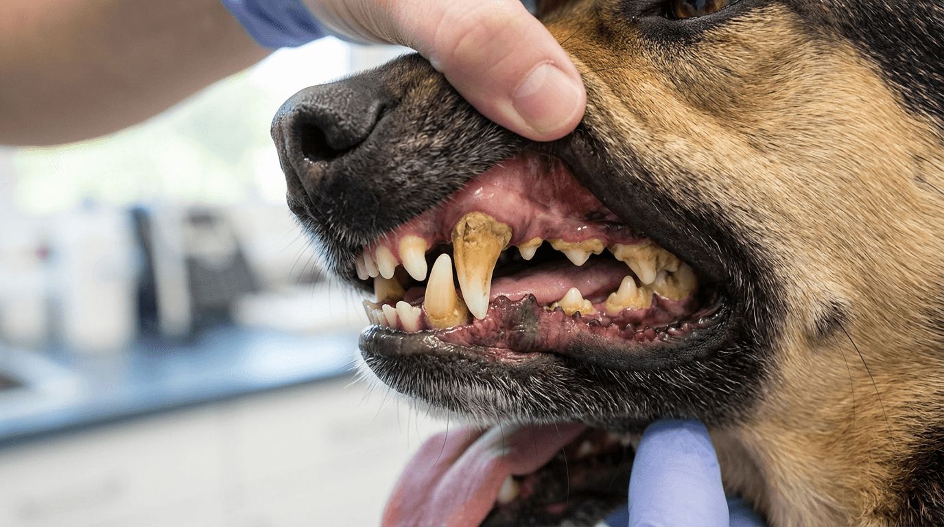 Cão com placa amarelada de tártaro nos caninos e gengiva vermelha, enquanto a veterinária levanta o lábio com a mão enluvada